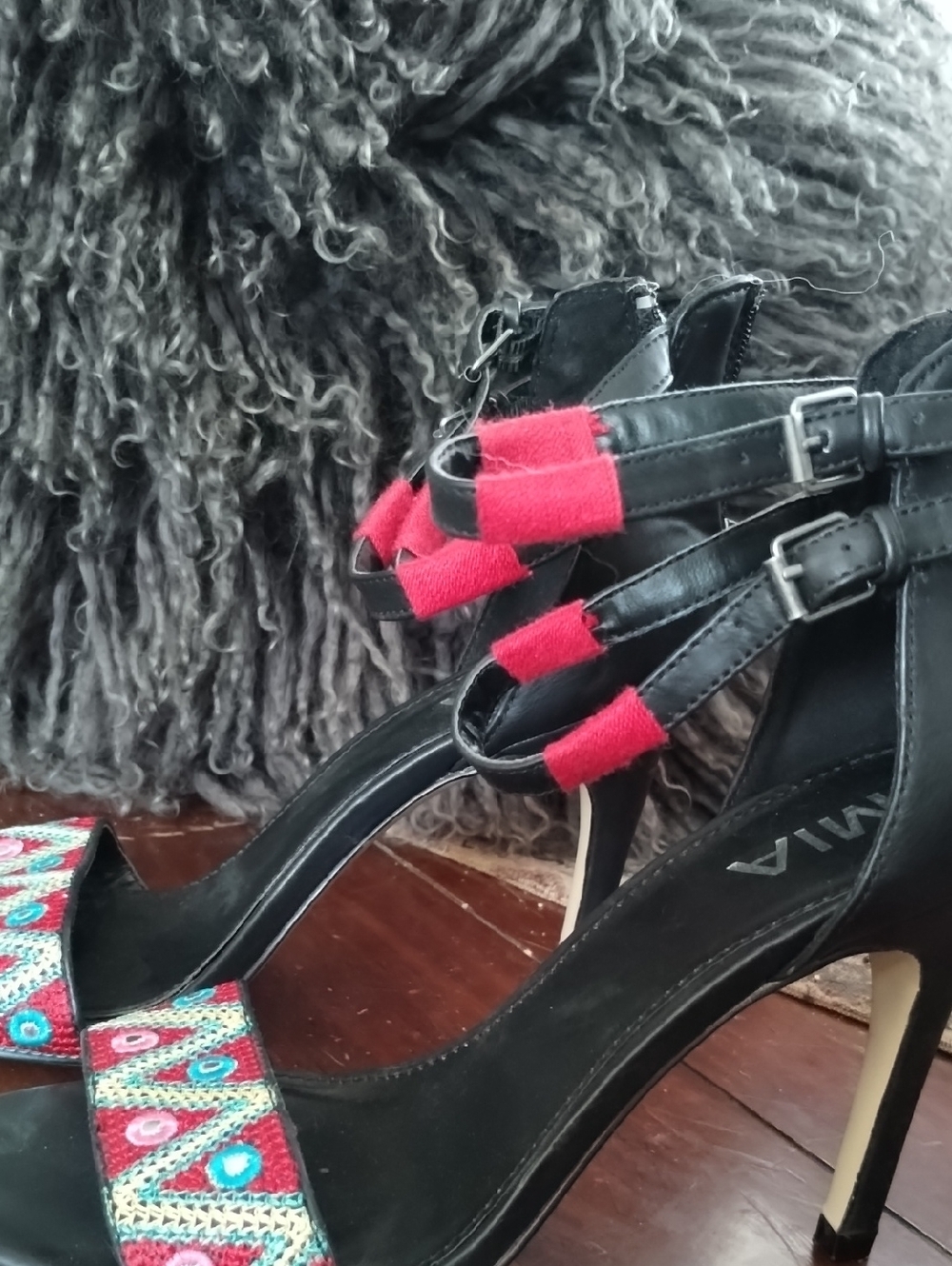 MIA Black Heels with Red Straps and Multicolor Embroidered Toe